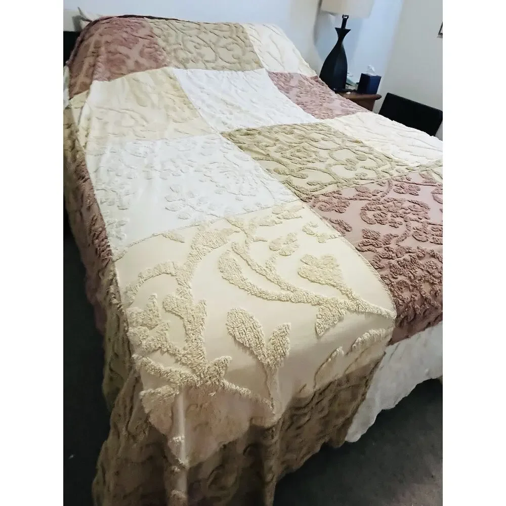 Vintage Mauve Tan Chenille Bedspread King Cream Block coverlet Cottage Grannycor